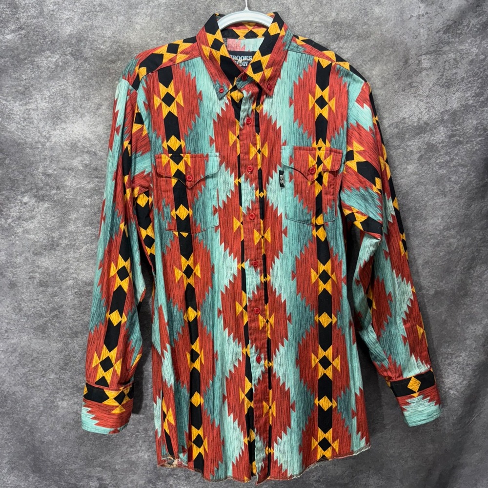 Brooks & Dunn Panhandle Slim Aztec Western Shirt Mens 15.5 Red Teal Vintage